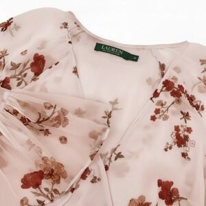 Lauren Ralph Lauren Pink Floral Chiffon Wrap Blouse Ruffle Sleeve Womens Medium